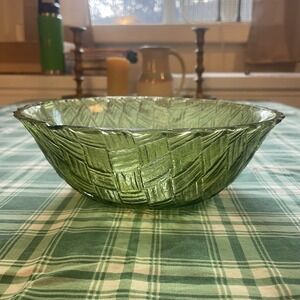Vintage Indiana Glass Avocado Green Basket Weave Bowl, 9 Inch, Retro Olive Green